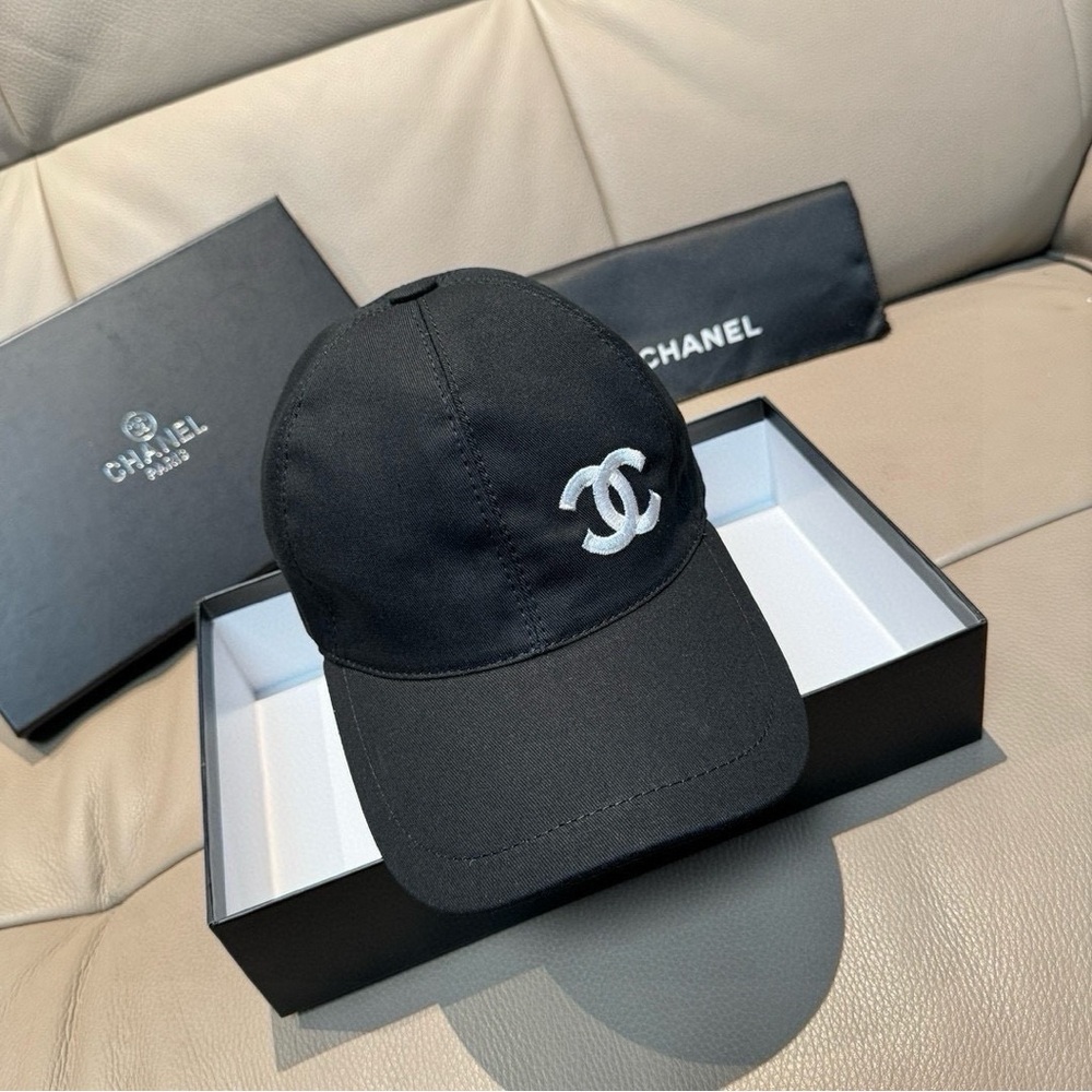 CHANEL Black Cap with White Logo